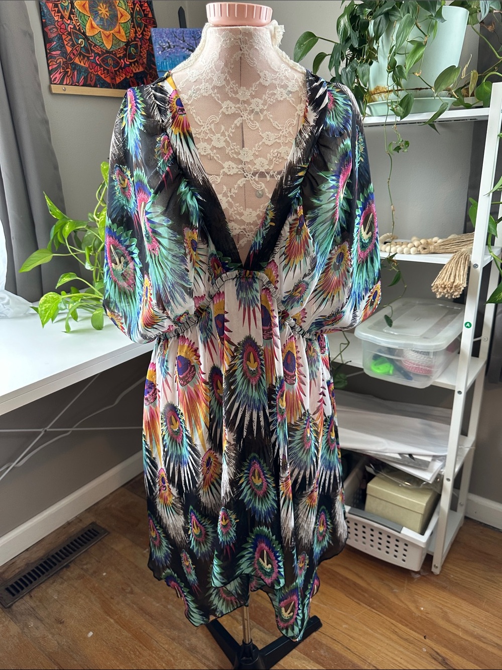 Apt. 9 Multicolor V-Neck Feather Print Swim Coverup